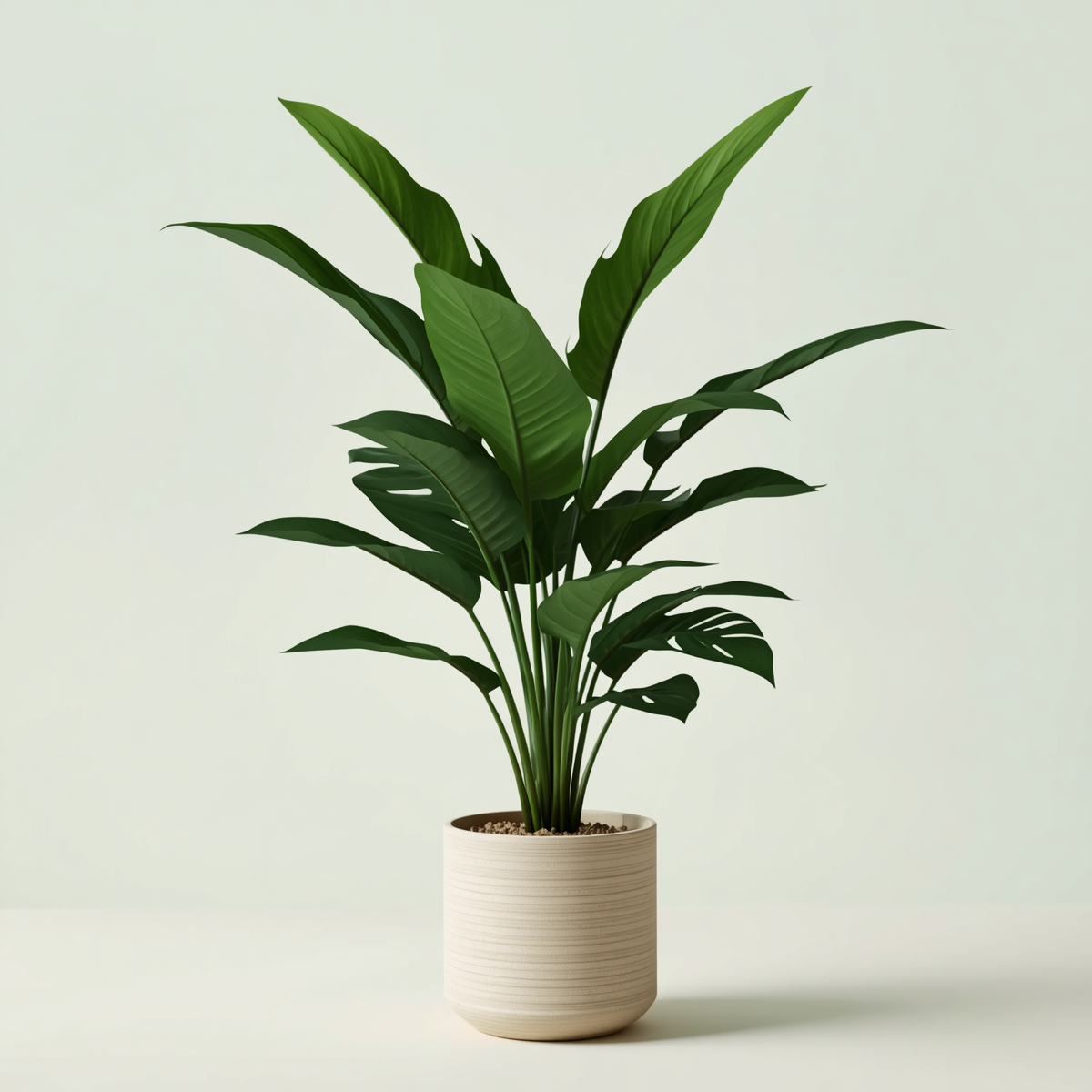A clean, high-quality ecommerce product photo of a lush indoor potted monstera plant, isolated on a simple light background, natural daylight, realistic details, modern premium look