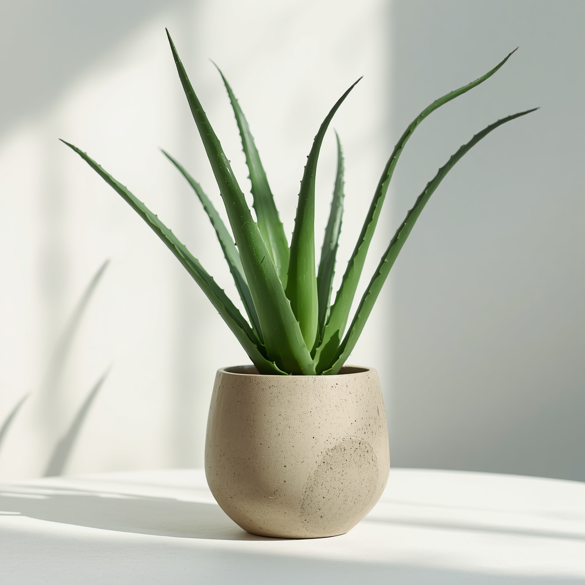 A realistic studio ecommerce product photo of an aloe vera plant in a stylish ceramic pot, clean light background, natural leaf texture, soft natural shadow, premium shop-ready look (2)